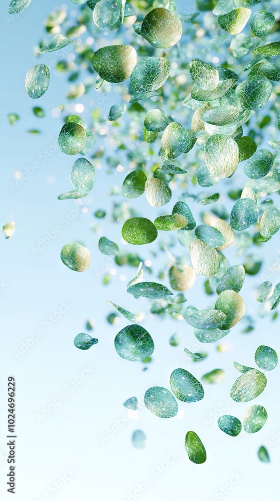 Poster green leaves float in the sky, surrounded by a blue backdrop with more leaves floating in the foregr