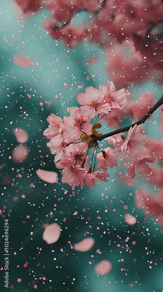 Poster a cherry tree branch with pink blooms in the foreground and a river in the background