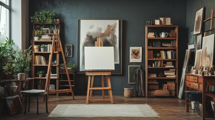 The interior of a unique artist workstation features a teak commode, a wooden easel, a bookcase, paintings, decorative items, painting supplies, and classy personal belongings.