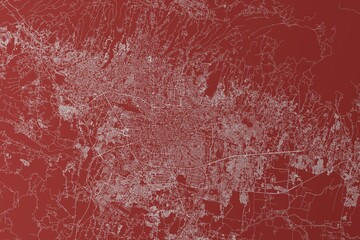 Map of the streets of Bandung (Indonesia) made with white lines on red background. Top view. 3d render, illustration
