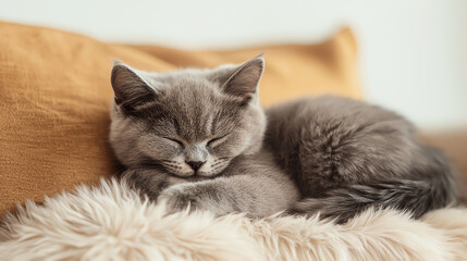 Obraz premium A close-up of a sleeping British Shorthair grey kitten curled up on a soft fur couch