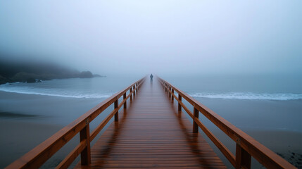 Fototapeta premium A serene beach scene with a wooden pier and a person walking on it. The foggy atmosphere adds a sense of tranquility to the scene, as the misty air envelops the pier and the beach