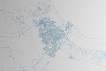 Map of the streets of Basra (Iraq) made with blue lines on white paper. 3d render, illustration