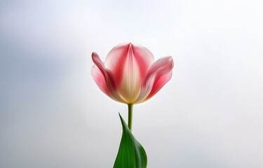 A single pink and white tulip with a green stem and leaf is in focus against a white background.
