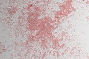 Map of the streets of Amman (Jordan) made with red lines on white paper. 3d render, illustration