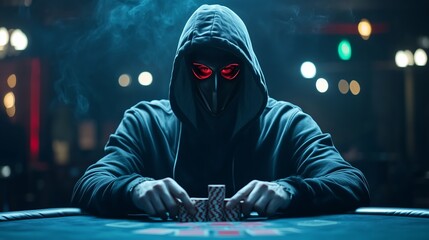 A mysterious figure with glowing red eyes plays poker in a dimly lit casino during a high-stakes night game
