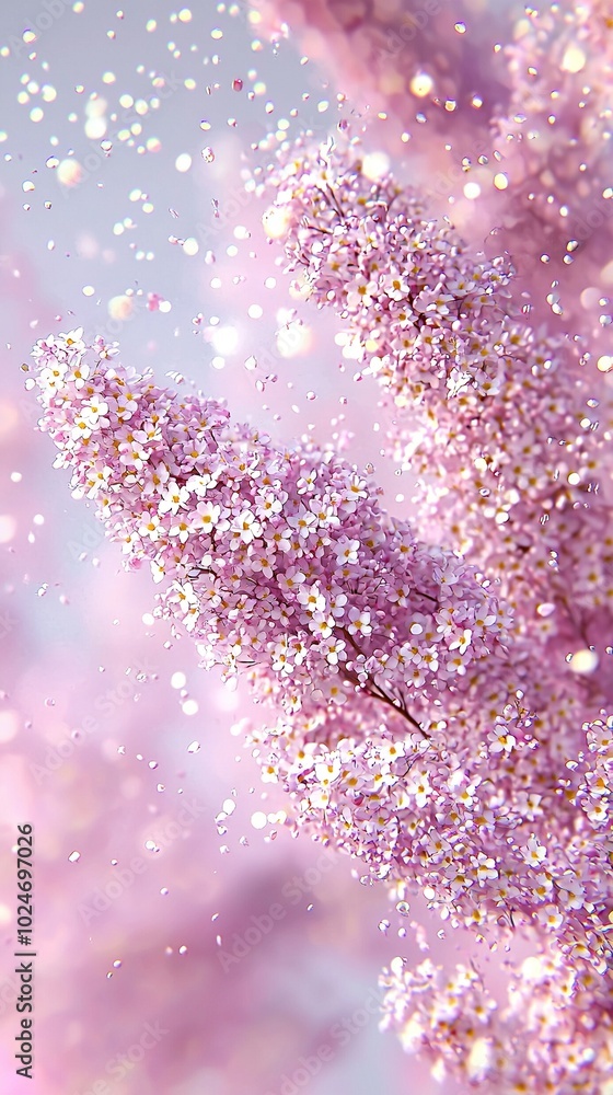 Poster close-up of a pink and white background with a blurred image of a tree in the foreground