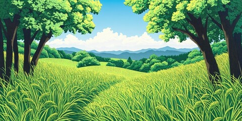 Lush green grass field in a serene countryside setting, Vibrant green grass landscape in a tranquil rural environment