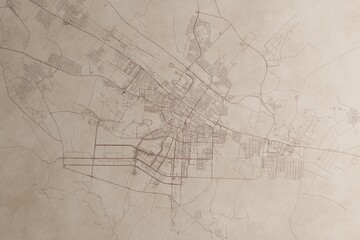 Map of Ashgabat (Turkmenistan) on an old vintage sheet of paper. Retro style grunge paper with light coming from right. 3d render