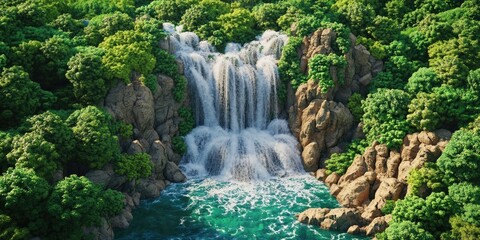 Fototapeta premium Aerial view of a stunning waterfall in a lush natural setting, Aerial view of a beautiful waterfall in a vibrant landscape