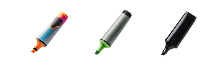 Three colorful markers on a white background.