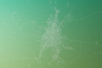 Map of the streets of Konya (Turkey) made with white lines on yellowish green gradient background. Top view. 3d render, illustration