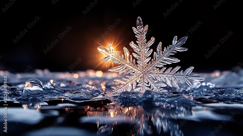 Poster a high-resolution close-up of a snowflake resting on a wet surface surrounded by other snowflakes in