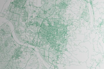 Map of the streets of Taichung (Taiwan) made with green lines on white paper. 3d render, illustration