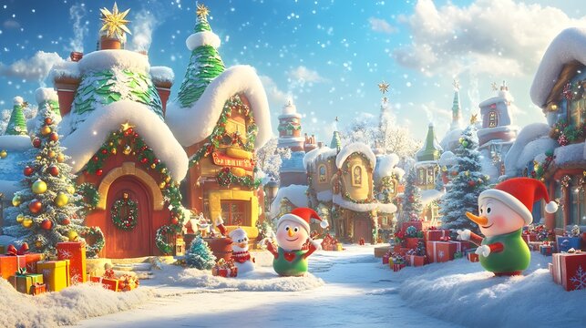 A delightful Christmas cartoon illustrating a heartwarming story of growth and skill enhancement, featuring charming characters such as elves and snowmen working together to create a festive 