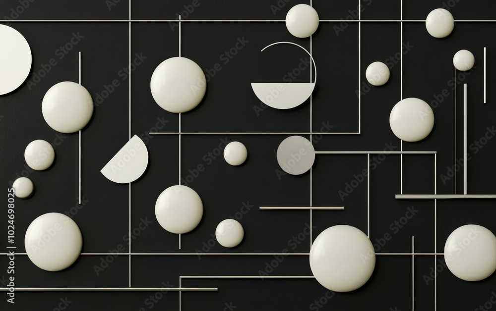 Poster abstract composition featuring geometric shapes and lines on a dark background.