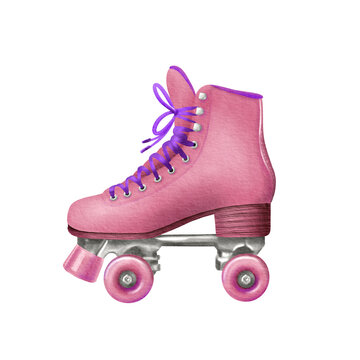 recommend clip art: Retro style roller skates in pink acid color with purple shoe laces as a symbol of 80s 90s, nostalgia and youth. Realistic style watercolor illustration isolated on white background