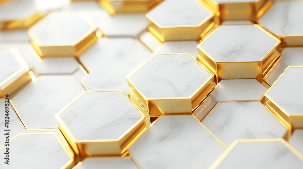 Poster a close-up of a hexagonal pattern featuring marble and gold elements, showcasing modern design aesth