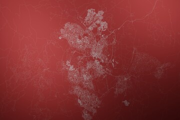 Map of the streets of Canberra (Australia) made with white lines on abstract red background lit by two lights. Top view. 3d render, illustration