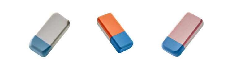 Three colorful rectangular erasers on a white background.