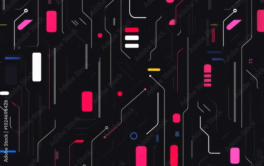 Poster abstract digital design featuring lines and shapes in vibrant colors on a dark background.