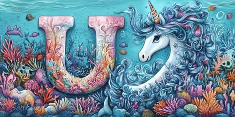 Fototapeta premium Unicorn in coral reef with letter U.