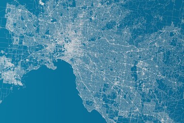 Map of the streets of Melbourne (Australia) made with white lines on blue background. 3d render, illustration