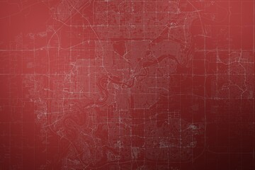 Map of the streets of Edmonton (Canada) made with white lines on abstract red background lit by two lights. Top view. 3d render, illustration