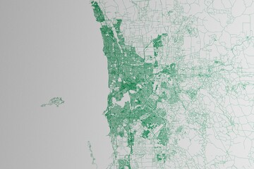 Map of the streets of Perth (Australia) made with green lines on white paper. 3d render, illustration © Hairem