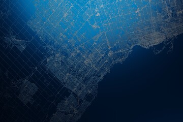 Street map of Mississauga (Canada) engraved on blue metal background. View with light coming from top. 3d render, illustration