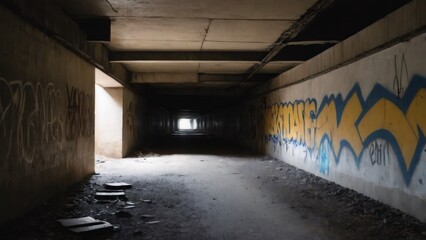 Graffiti-covered Underground Passage: A dimly lit underground tunnel, marked by graffiti-covered walls and a broken bicycle leaning against the concrete wall.