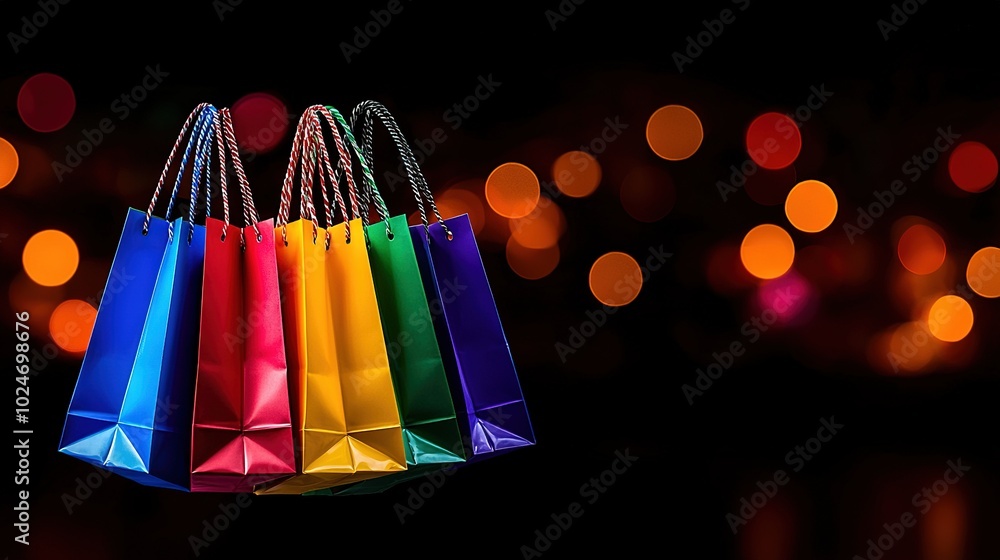 Aufkleber a vibrant shopping bag dangles from a string on a dark canvas with a soft light haze