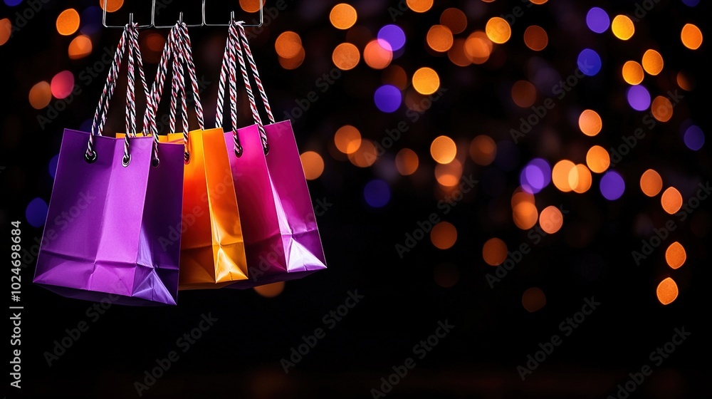 Aufkleber a group of colorful bags dangles from a string in front of a blurred background of lights