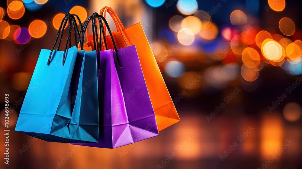 Aufkleber vibrant bags dangling on string in front of fuzzy urban scene with twinkling lights behind
