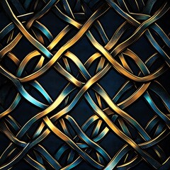 A complex pattern of interwoven golden and blue strands on a dark background, showcasing artistic design.