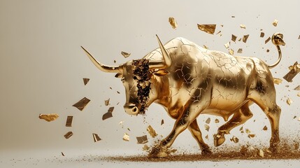 Cracked golden bull statue breaking apart, symbolizing the collapse of a market rally, with pieces of the bull falling away against a neutral background 