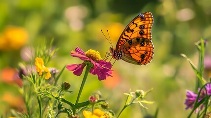 Obraz premium A beautiful butterfly with orange and black wings sits on a pink flower in a field of wildflowers.