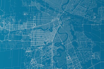 Map of the streets of Winnipeg (Canada) made with white lines on blue background. 3d render, illustration