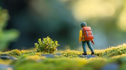 Travel and adventure ideas with a tiny traveler figurine backpacking through nature.