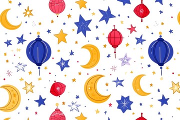 Whimsical Night Sky With Floating Lanterns and Luminous Celestial Elements