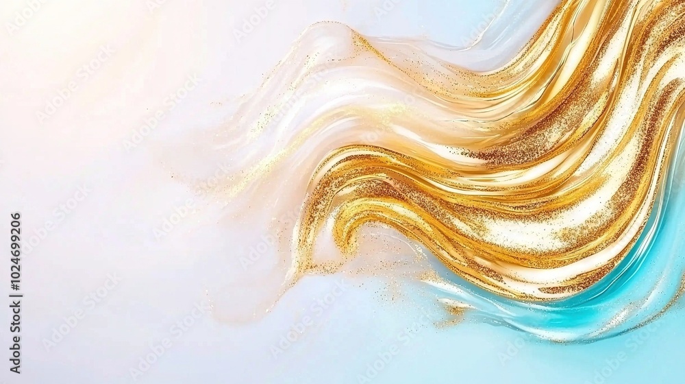 Poster a close-up of a gold and blue background with wavy patterns at the top and bottom of the image