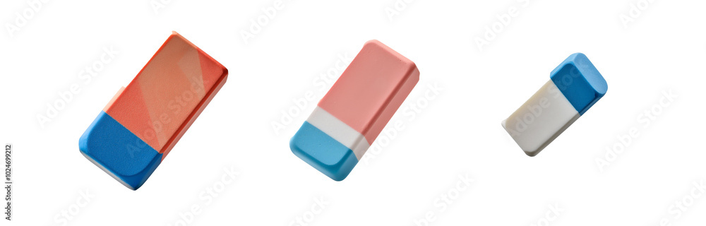 Aufkleber three rectangular erasers with different color combinations on a white background.