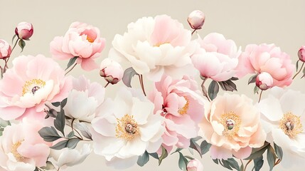Soft watercolor peonies in delicate pastel pink and white tones, loosely arranged and floating gracefully on a light beige background 