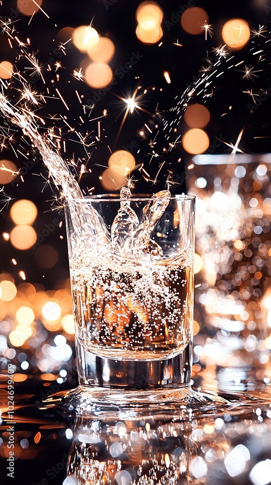 Poster a close-up of a sparkling glass of water with a sparkler in the foreground and another one in the ba