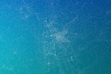 Map of the streets of Graz (Austria) made with white lines on greenish blue gradient background. 3d render, illustration