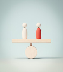 3D render of two minimalist, gender-neutral figurines balanced on a wooden seesaw, symbolizing equality. Neutral pastel colors and clean background.