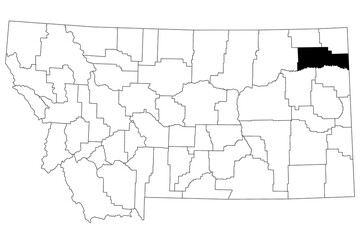Map of Roosevelt County in Montana state on white background. single County map highlighted by black colour on Montana map. UNITED STATES, US