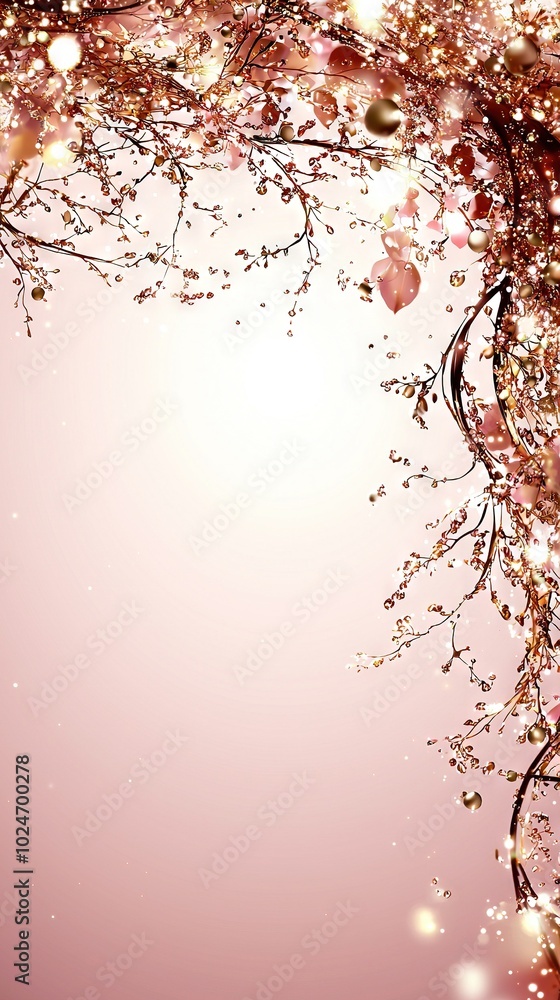 Poster a vibrant pink backdrop adorned with an array of blossoms and multiple spheres dangling from the tre