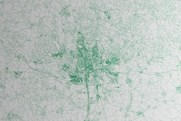 Map of the streets of Brno (Czechia) made with green lines on white paper. 3d render, illustration