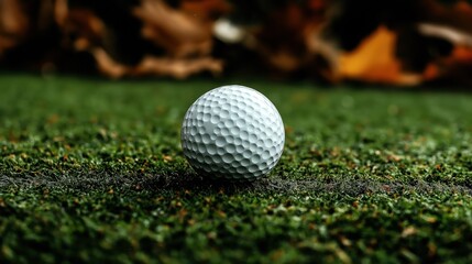 Obraz premium Close-up of a white golf ball on a green grass field with blurred autumn leaves in the background, highlighting sports and outdoor recreation themes.